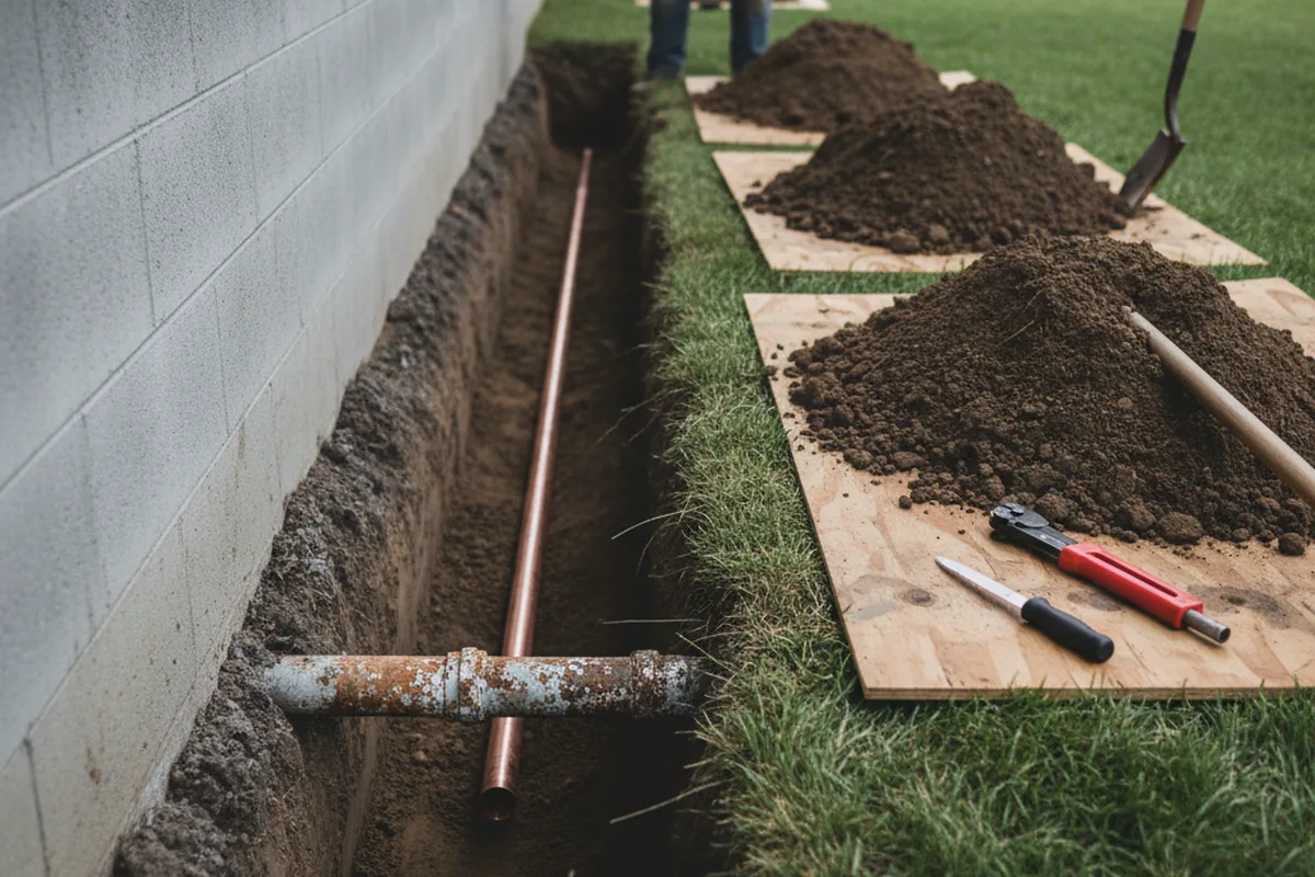 Excavated water line trench during Water Heater Repair in Chardon